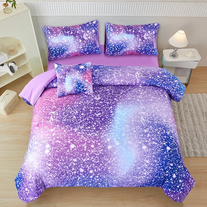 PERFEMET Full Size Bedding Sets for Girls, 6-Piece Colorful Rainbow Comforter Set with Sheets, Tie Dye Fluffy Kids Bed-in-a-Bag, Glitter Ombre Teen Girl Bed Sets (Purple Pink, Full)