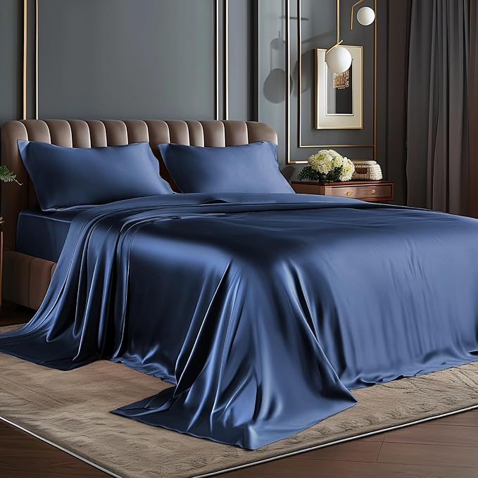 BEDELITE Satin Sheets Twin XL Size Bed Set, Luxury Soft Navy Silky Sheets for Hair and Skin, Similar to Silk Bed Sheets Set 3 Pieces （1 Deep Pocket Fitted Sheet, 1 Flat Sheet, and 1 Pillowcase）