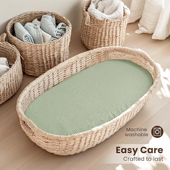 Konssy 2 Pack Muslin Bassinet Sheets for Boys, Girls, 100% Cotton Soft Breathable Fitted Bassinet Mattress Sheet, 32 x 16 inches (Woodland,Sage)