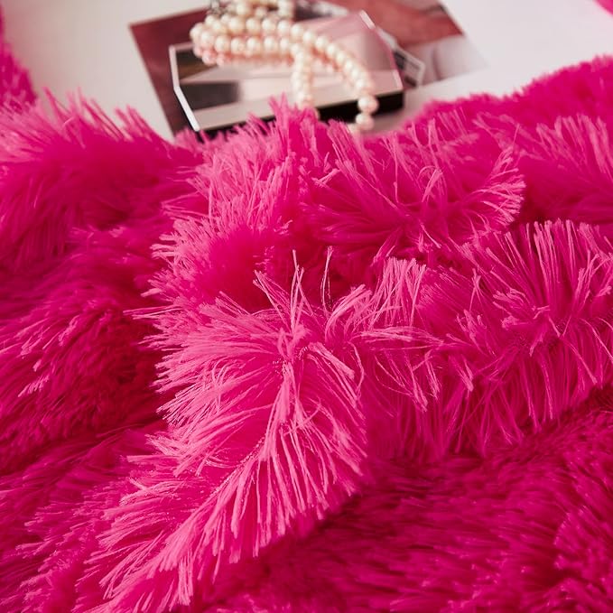 Uhamho Faux Fur Velvet Fluffy Bedding Duvet Cover Set Down Comforter Quilt Cover with Pillow Shams, Ultra Soft Warm (King, Hot Pink)