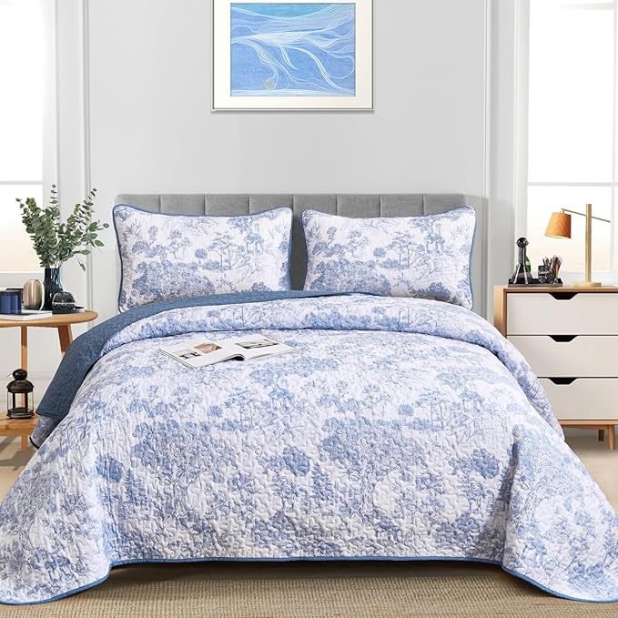WONGS BEDDING Blue Quilt Set Twin Size, 2 Pieces Botanical Bedspreads Set Lightweight Microfiber Blue Toile Plants Pattern Coverlet Home Decor for All Seasons(86"×68")