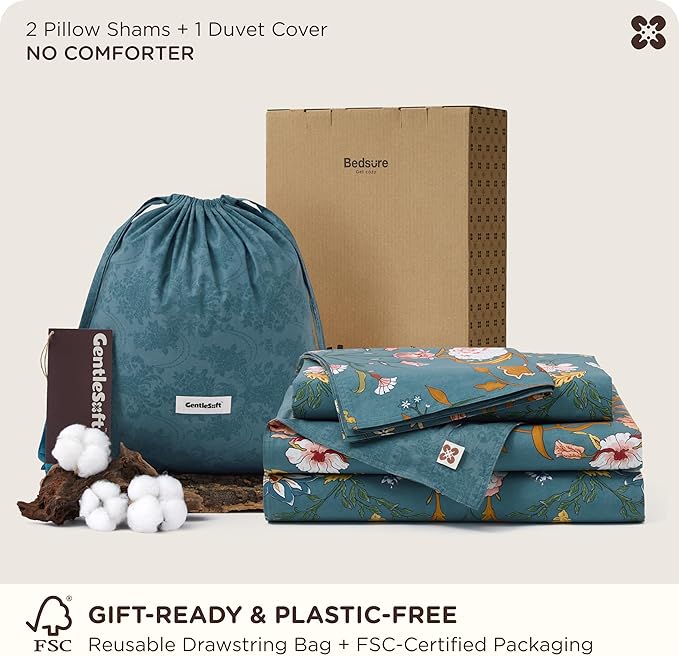 Bedsure 100% Cotton Reversible Floral Duvet Cover Queen Size - Botanical Shabby Chic Printed Comforter Cover with Zipper Closure & 2 Pillow Shams, No Comforter (Vintage Teal Floral 90"x90")