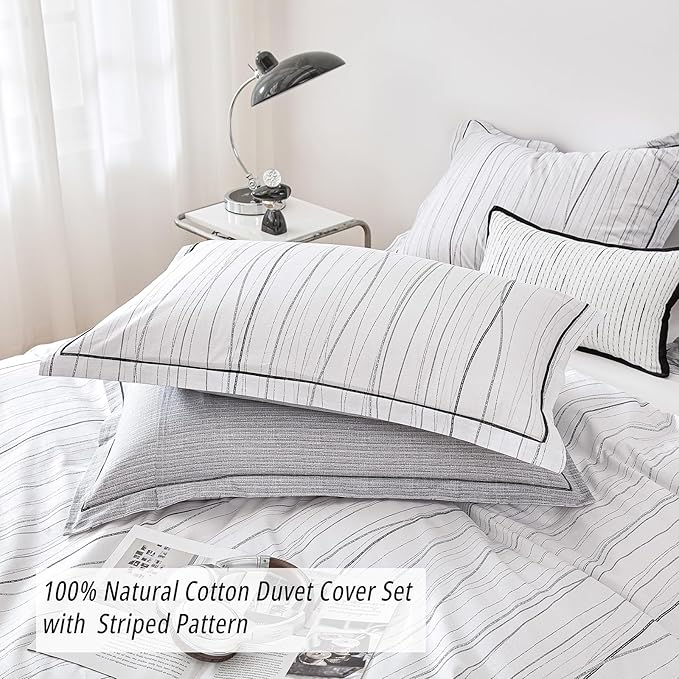 Modern Urban 100% Natural Cotton Duvet Cover Sets 3Pcs - Gray Artistic Lines Pattern on White with Textured Light-Gray Reverse, Minimalist Bedding Set with Button Closure(Queen,90"×90"