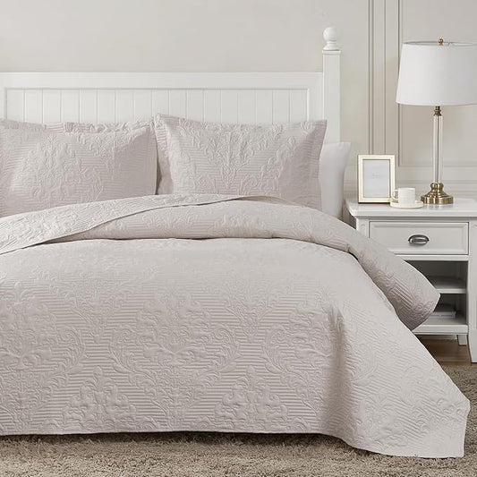Hansleep Cream Quilt King Size - Damask Ultrasonic All Season Bedspread King, Soft Lightweight Coverlet Bedding Set, 3 Piece (1 Quilt, 2 Pillow Shams)
