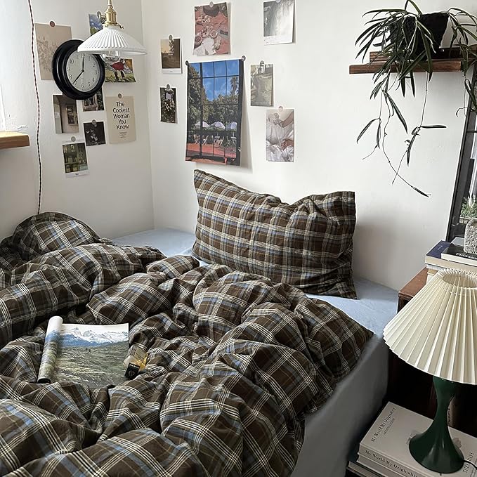 mixinni Vintage Brown & Blue Buffalo Plaid Duvet Cover Set King Size - 3 Piece Washed Cotton Bedding Set with Grid Pattern, Soft & Breathable Duvet Cover with Pillowcases for All Seasons