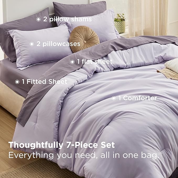 Bedsure Full Size Comforter Set - 7 Pieces Lavender Full Bedding Set for All Seasons, Boho Contrasting Design Bed in a Bag with Comforter, Sheets, Pillowcases & Shams