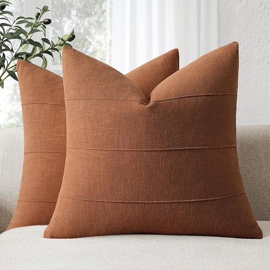 Decorative Linen Throw Fall Pillow Covers 24x24 Set of 2 Solid handcrafted Striped Cushion Covers for Bed Soft Modern Farmhouse Neutral Pillowcase for Couch Bedroom Living Room Home Fall Decor(Rust)