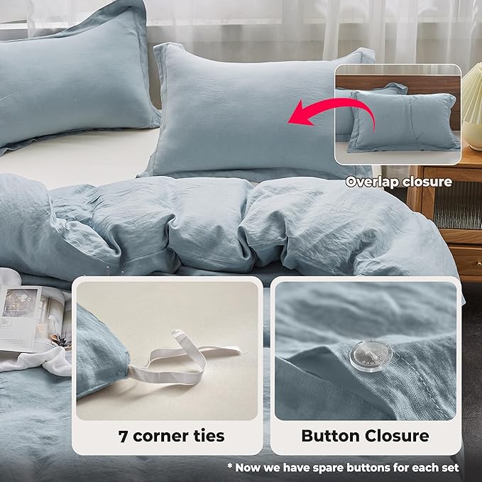 Simple&Opulence 100% Washed Linen Duvet Cover Set with Embroidered,3 Pieces Soft Farmhouse Comforter Set with Button Closure,1 Duvet Cover and 2 Pillowshams(King,Dusty Blue)