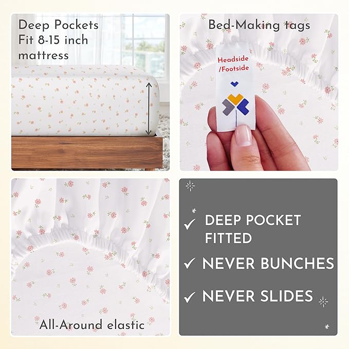 California Design Den Deep Pocket Twin Sheets Set - 400 Thread Count Sateen, Natural 100% Cotton Sheets, and Durable Bedding Set - Soft Floral