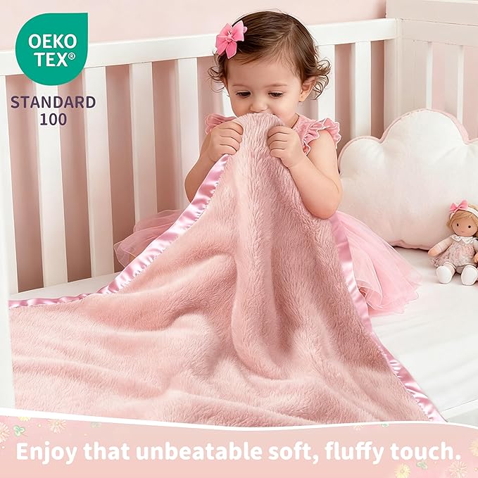 Pro Goleem Fleece Baby Blankets for Girls with 2 Inch Satin Trim, Super Soft Plush Receiving Blanket for Infant Toddler Newborn, Cozy 30x40 Inch Crib & Stroller Blanket (Pink)