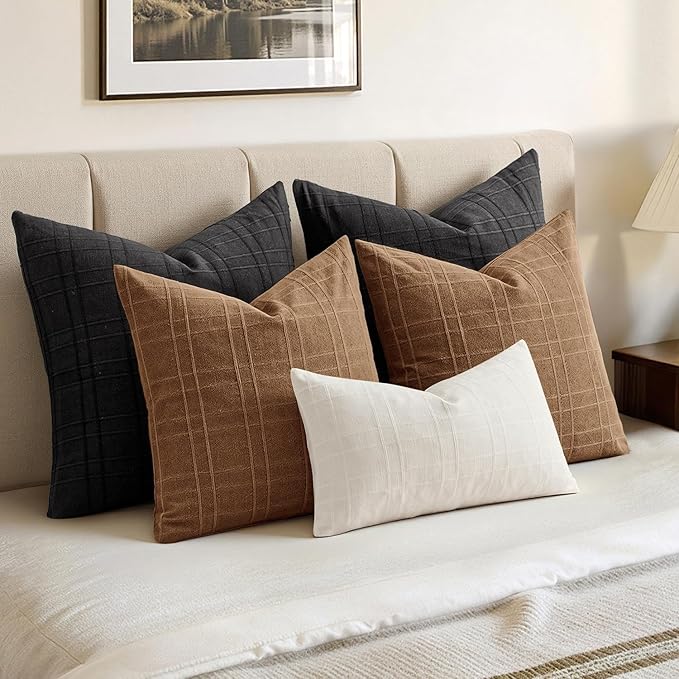 MIULEE Decorative Linen Check Throw Pillow Covers Neutral Farmhouse Vintage Pillow Covers 18x18 Set of 2 Boho Modern Winter Home Decor for Sofa Couch Bedroom Cushion Camel Brown