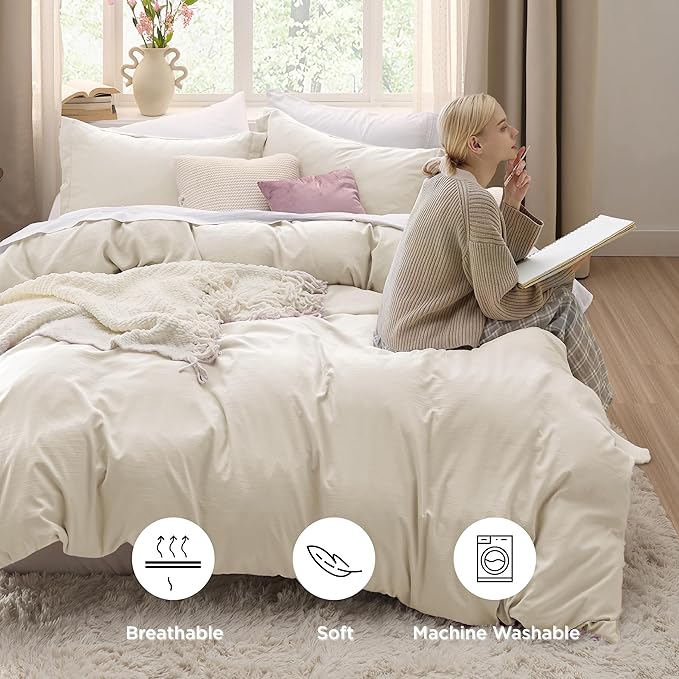 Bedsure Oat Milk Duvet Cover Queen Size Only - Prewashed Cotton-Like Polyester Extra Soft All Season Bedding, Includes 1 Duvet Cover 90x90 Inches with Zipper Closure, Comforter Not Included