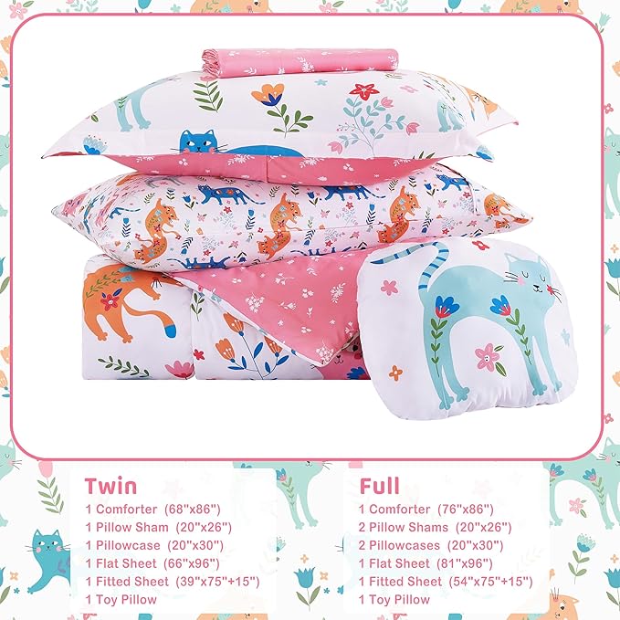 Mooreeke Kids Full Comforter Sets for Girls 8 Pieces Cute Cat Flower Bedding Set for Teens Microfiber Floral Kids Bed in A Bag with Comforter, Sheet Set, Shams and Decorative Toy Pillow All Season