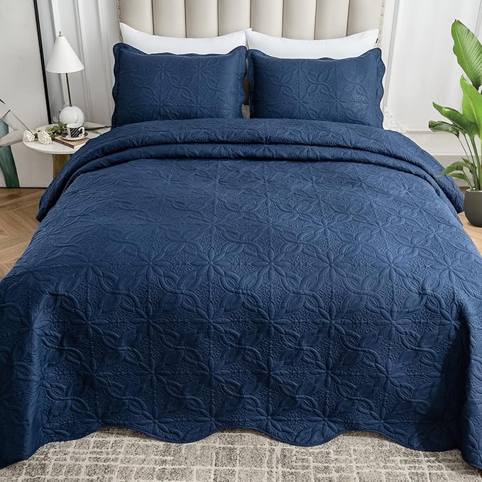 Auemtyn Full/Queen Size Quilt Set 3 Pieces, Soft Lightweight Summer Bedspread, Reversible Microfiber Bed Coverlet for All Seasons, Navy Blue, Floral Pattern (1 Quilt, 2 Pillow Shams)