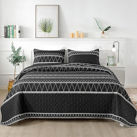 Andency Black Quilt Set King (106x96 Inch), 3 Pieces(1 Striped Triangle Printed Quilt and 2 Pillowcases), Bohemian Summer Lightweight Reversible Microfiber Bedspread Coverlet Sets