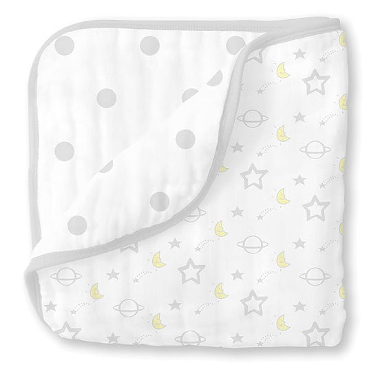 SwaddleDesigns 4-Layer Cotton Muslin Luxe Blanket, Baby and Toddler Cuddle and Dream, 46x46 inches, Sterling Goodnight and Dots
