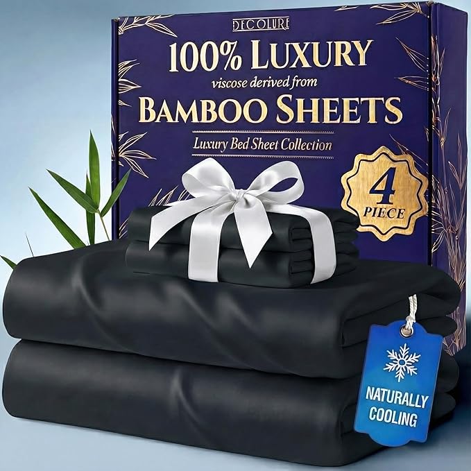 DECOLURE 100% Viscose Derived from Bamboo Sheets Full Size - Luxury 4 Pc Naturally Cooling Sheets, Ultra Soft Bed Set - Deep 17" Pockets, Durable Double Stitching, Oeko Tex Standard (Black)
