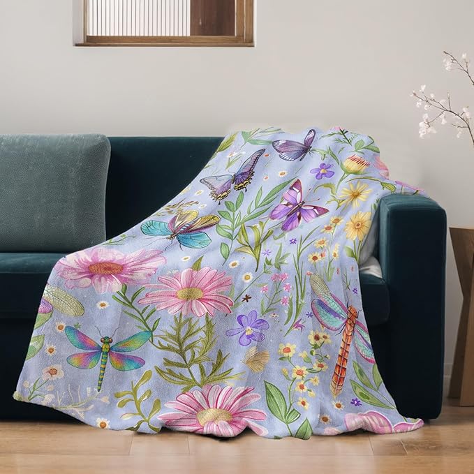 Floral Insect Blanket Lightweight Blankets Gifts for Women Flannel Throw with Colorful Flower Butterfly and Dragonfly Printed for Sofa, Bed, Travel, Picnic, Spring Decor Throws 80x60 Inch