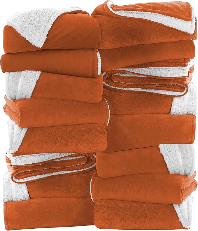 MOONLIGHT20015 Rust Sherpa Fleece Throw Blanket for Bed - Wholesale Bulk Pack of 16 Sherpa Blankets - Soft Fluffy Throw Blankets for Hotels, Guest Bedroom, 50x60 Inches