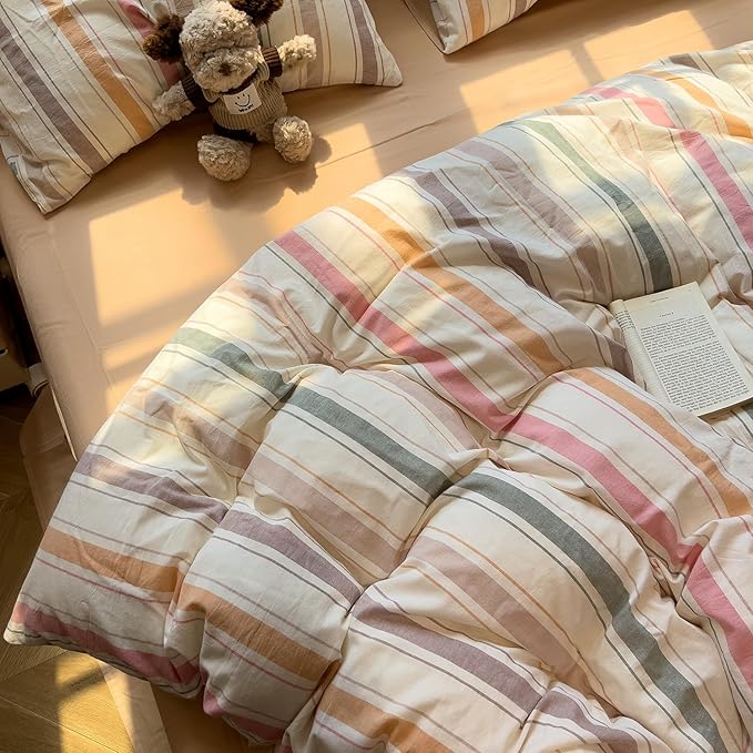 mixinni Vintage Striped Duvet Cover Set Twin XL, 3-Piece 100% Washed Cotton Bedding Set - Soft & Breathable Colorful Comforter Cover with Zipper, All-Season Lightweight Bed Set for Cozy Home