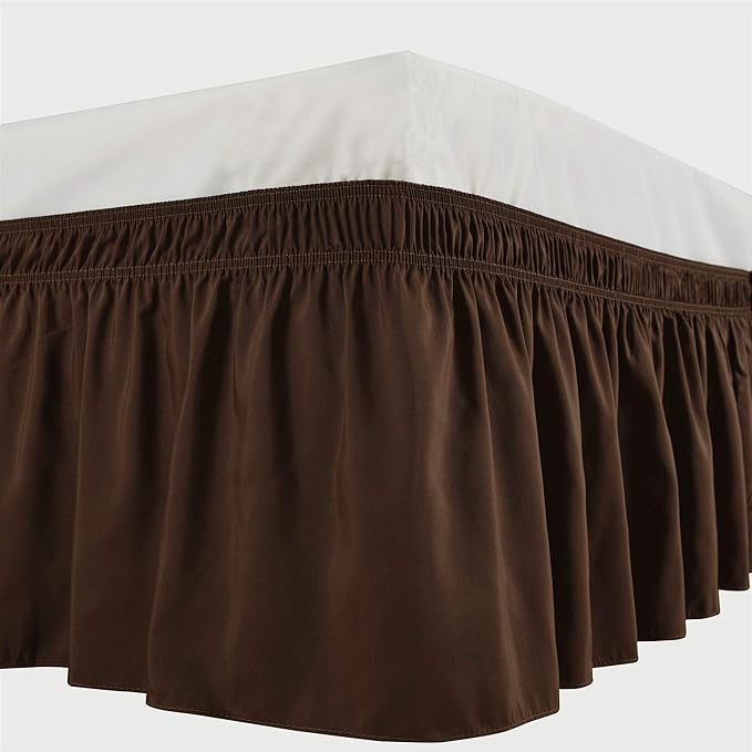 Bed Skirt Three Sides Fabric Adjustable Elastic Wrap Around Dust Ruffled Bed Skirts Queen XL, Chocolate, 16 Inch Tailored Drop
