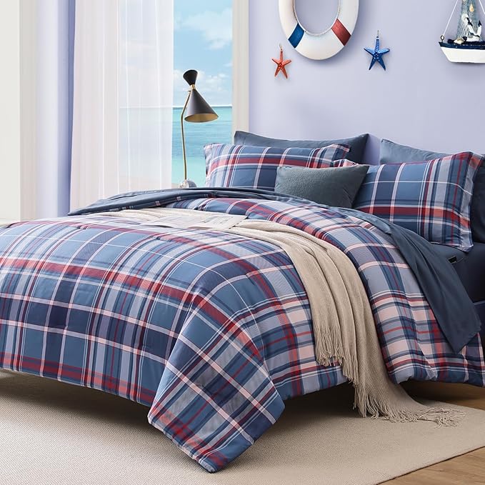 Plaid Full Size Comforter Set Navy Red, Bedding Set 7 Pieces for Boys Girls Teen, Lightweight Bed in a Bag for Dorm with Sheets, Pillowcases & Shams