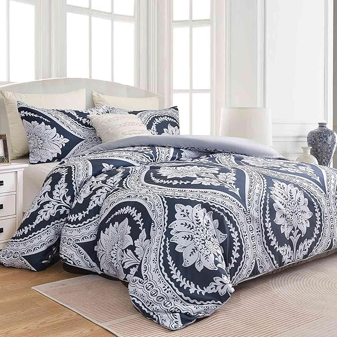 Nanko Boho Duvet Cover Set King Size, Navy Blue White Floral Damask Print Pattern, Soft Microfiber Reversible Comforter Bedding Cover Zip Ties - Vintage Bohemian Farmhouse for Women Men, 3 Pcs 104 x90