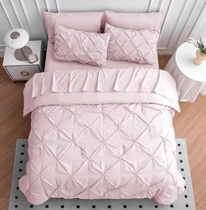 LANE LINEN California King Comforter Set - Bed in a Bag Cal King Bedding Set 7 Piece - Gentle Soft Pintuck Bed Set Gift for Family - Pinch Pleat Comforter with Sheets, Pillowcases & Shams - Sepia Rose | Gentle soft feel, Family friendly, Oversized cove...