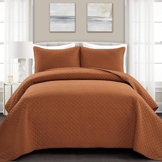 Lush Decor Ava Quilt Diamond Pattern Solid 3 Piece Oversized Bedding Blanket Bedspread Set - King - Rust