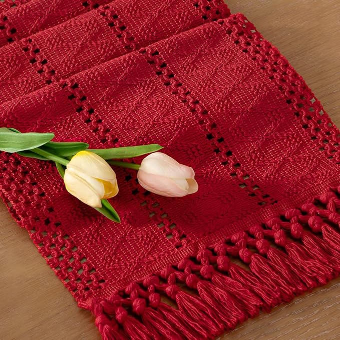 Socomi Boho Table Runner Macrame Long Easter Spring Farmhouse Woven Cotton Linen Rustic Coffee Table Runner with Tassels for Dresser Scarf Home Decor Dining Room 12x108 in Red