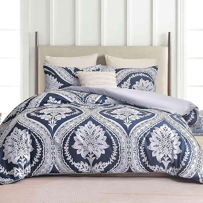 Nanko Boho Duvet Cover Set Queen Size, Navy Blue White Floral Damask Print Pattern, Soft Microfiber Reversible Comforter Bedding Cover Zip Ties - Vintage Bohemian Farmhouse for Women Men, 3 Pcs 90 x90
