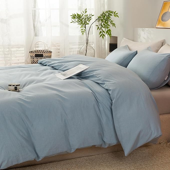 ECOCOTT 100% Washed Cotton Duvet Cover California King Size – Soft & Breathable Linen Feel Bedding Set, 3 Pieces Light Blue Comforter Cover with Zipper Closure for All Seasons