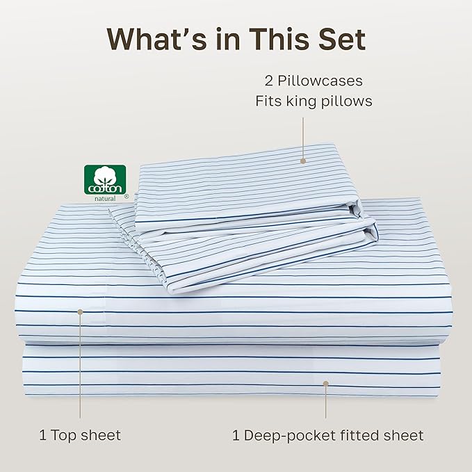 California Design Den Printed Striped Bed Sheets King Size Set - 600 Thread Count, 100% Cotton Sateen, Premium Deep Pocket King Sheet Set - Classic Blue Stripe Print