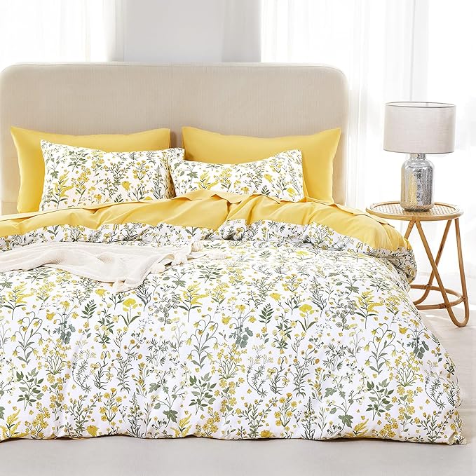 Wake In Cloud - Floral Duvet Cover Set, Shabby Chic Cottage Garden Botanical Flower Style with Elegant Wildflower Pattern, Soft Lightweight Bedding, 3 Pieces, Yellow White, Twin/Twin XL Size