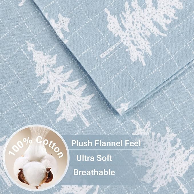True North by Sleep Philosophy Cozy Flannel Warm 100% Cotton Sheet - Novelty Print Animals Stars Cute Ultra Soft Cold Weather Bedding Set, Full, Blue Forest 4 Piece