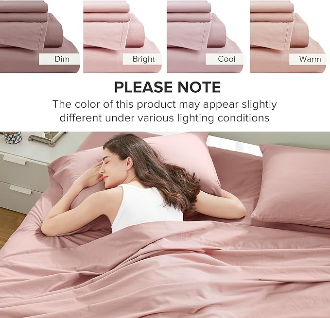 Comfort Spaces 100% Cotton Sheets King, Breathable & Ultra Soft Cotton Sheets, Naturally Cool Cotton Bed Sheets with 14" Elastic Pocket Fits up to 16" Mattress, All Seasons Sheet Set, Pink 4 Piece