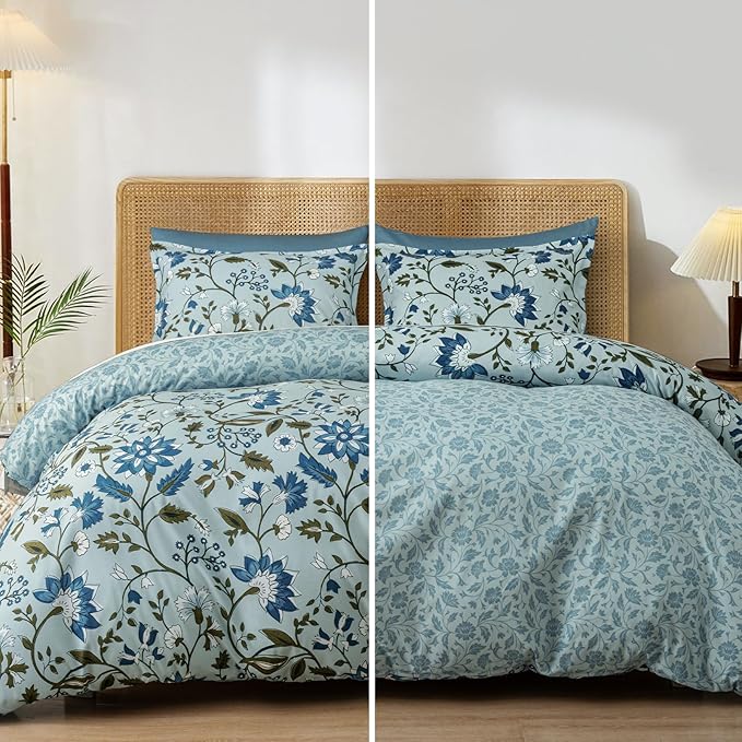 PHF Ultra Soft Floral Duvet Cover Queen Size, Printed Bedding Set 3 Pieces, Comfy Farmhouse Pattern Duvet Cover Set with 2 Pillow Shams, Zipper Closure and 8 Ties, 90"x90", Flower-Dusty