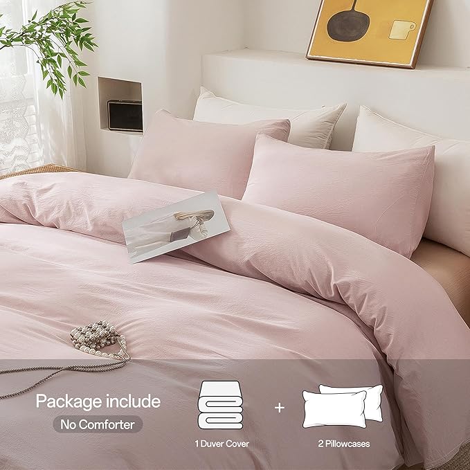 ECOCOTT Duvet Cover Queen Size - 100% Washed Cotton Durable Soft Comfy Duvet Cover Set, 3 Pieces Duvet Cover with Zipper Closure, No Comforter (Greyish Pink)