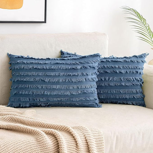 MIULEE Set of 2 Decorative Boho Throw Pillow Covers Linen Striped Jacquard Pattern Cushion Covers for Sofa Couch Living Room Bedroom 12x20 Inch Dark Blue