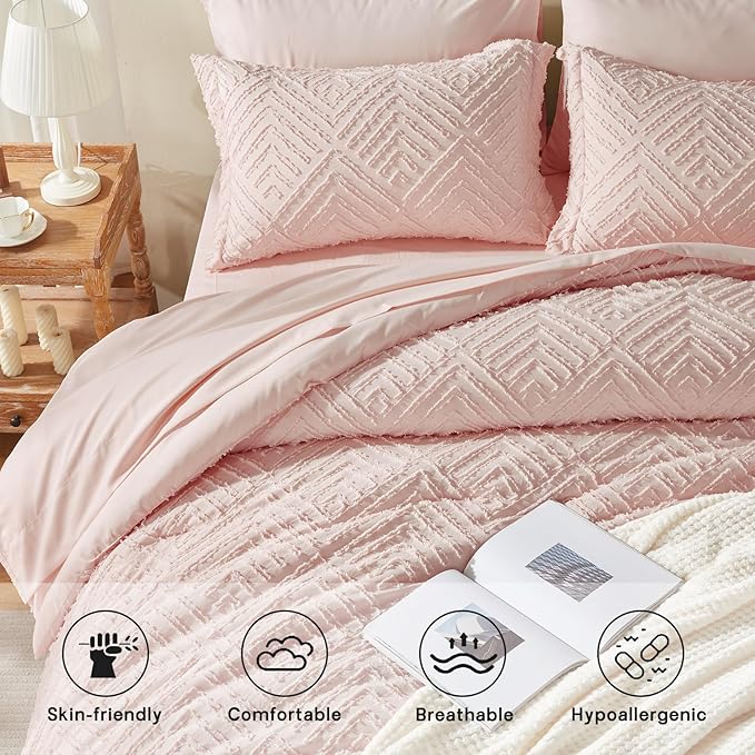 Zzlpp Full Comforter Set 7 Pieces, Pink Tufted Bed in a Bag with Comforter and Sheets, All Season Boho Bedding Sets with 1 Comforter, 2 Pillow Shams, 2 Pillowcases, 1 Sheet