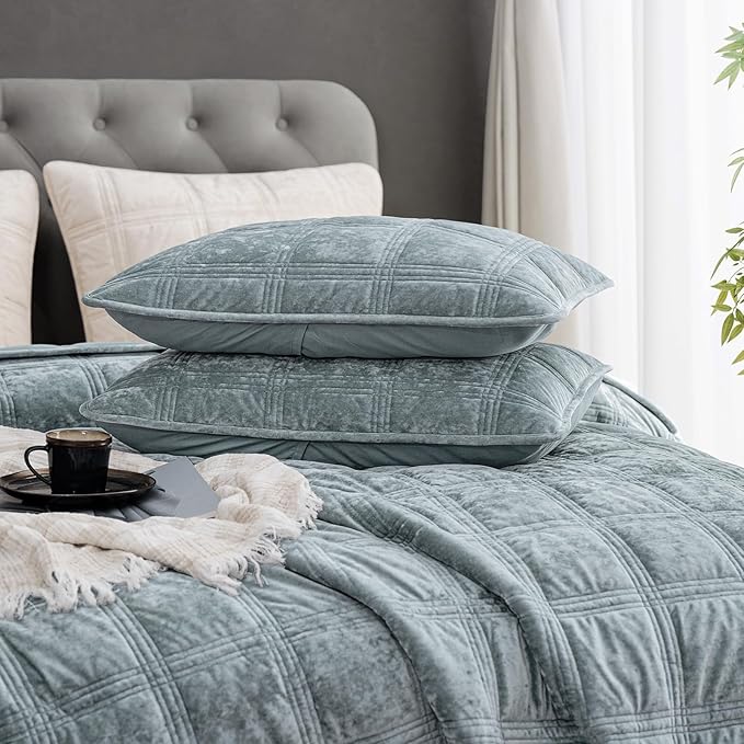 PHF Ultra Soft Velvet Quilt Set Twin Size – 2PCS Luxurious Cozy Quilted Comforter Alternative with Diamond Pattern, Warm Quilted Bedspread Coverlet, 68" x 92", Dusty Blue
