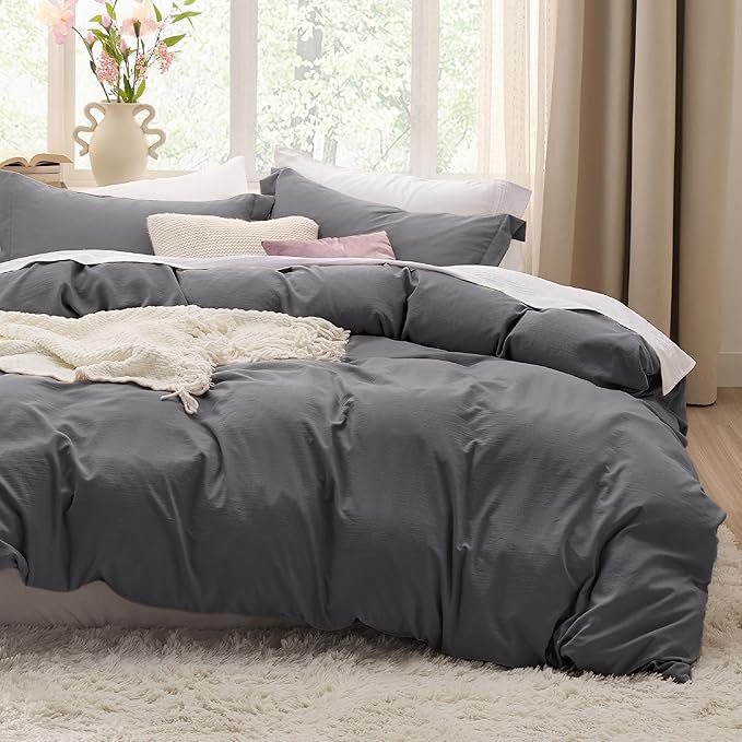 Bedsure Dark Grey Oversized Queen Duvet Cover - 3 Pieces Prewashed Cotton-Like Polyester Extra Soft Bedding Set, Includes 1 Duvet Cover 98x98 Inches with Zipper Closure & 2 Pillow Shams, No Comforter