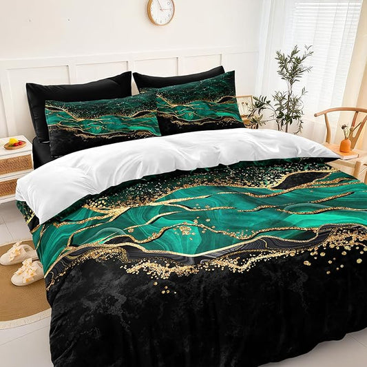 Black Gold Comforter 8 Pieces Queen Bed in a Bag, Emerald Green Marble Bed Set with Comforter, Fitted Sheet, Flat Sheet, Matching Pillowcases, Abstract Bedding Set for All Season