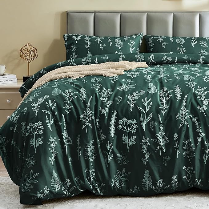 MUXHOMO Duvet Cover King Size, Reversible Floral Forest Green Duvet Cover Set with Zipper Closure, 3 Pieces Botanical Patterns Soft Microfiber Bedding Set with 4 Ties (90"x104", 2 Pillow Cases)