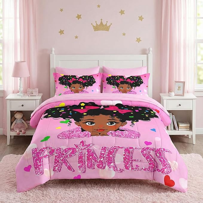 Nesker 7 Pcs Comforter Set Full Size, Pink Princess Bedding for Kids Teen, Cute Fairy Fantasy Girl with Fitted Sheet 2 Pillowcases & 2 Shams for Bedroom Bed Decor
