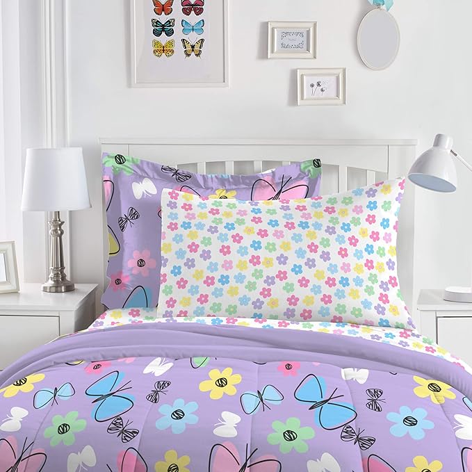 Dream Factory Sweet Butterfly Ultra Soft Microfiber Girls Comforter Set, Purple, Twin