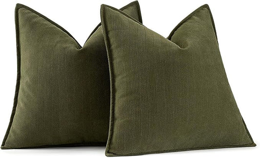 MIULEE Pack of 2 Olive Green Decorative Pillow Covers 22x22 Inch Soft Chenille Luxurious Couch Throw Pillows Boho Cushion Covers Euro Shams with Elegant Design for Sofa Bed Living Room Home Decor