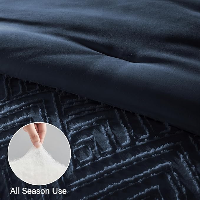 Zzlpp Twin Comforter Set 5 Pieces, Navy Blue Tufted Bed in a Bag with Comforter and Sheets, All Season Boho Bedding Sets with 1 Comforter, 1 Pillow Sham, 1 Pillowcase, 1 Flat Sheet, 1 Fitted Sheet