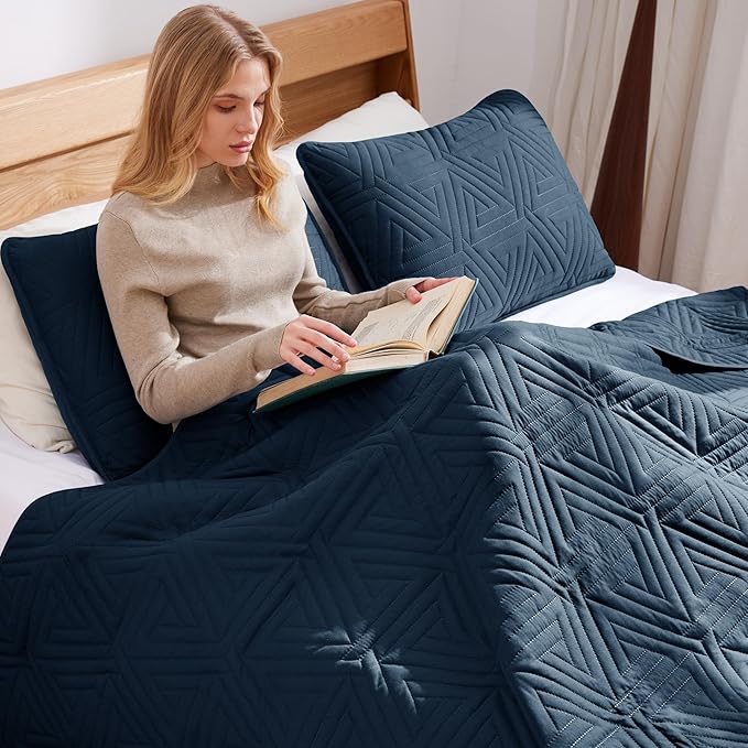 Whale Flotilla Soft Queen Size Quilt Set for All Seasons, 3-Piece Ultrasonic Geometric Quilts Bedding Set, Lightweight Reversible Bedspread, Coverlet, Bed Cover with 2 Pillow Shams, Navy