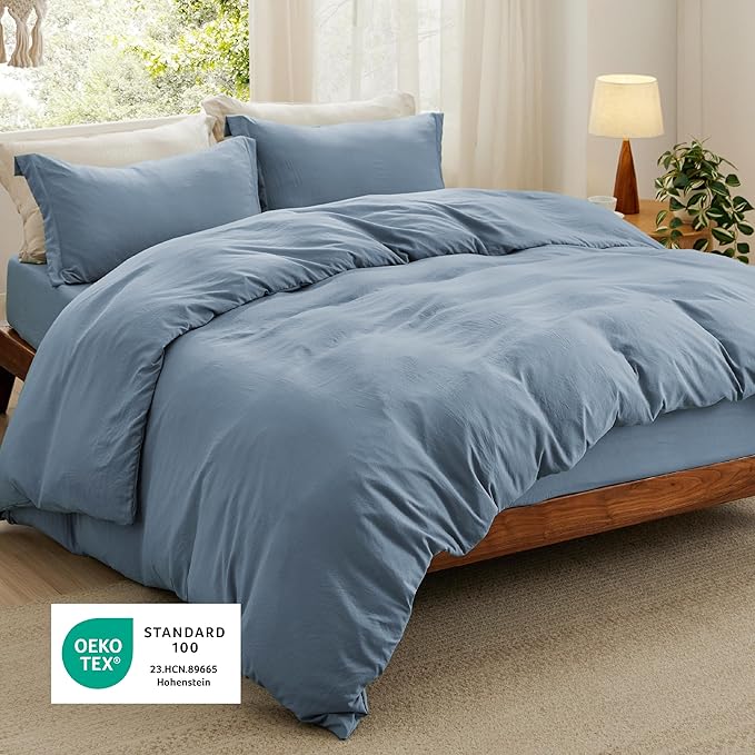 Bedsure Duvet Cover King Size with Fitted Sheet - 4 Pieces Prewashed Cotton-Like Polyester Extra Soft Bedding Set, Includes 1 Duvet Cover 104x90 Inches, 2 Pillow Shams, 1 Fitted Sheet, Mineral Blue